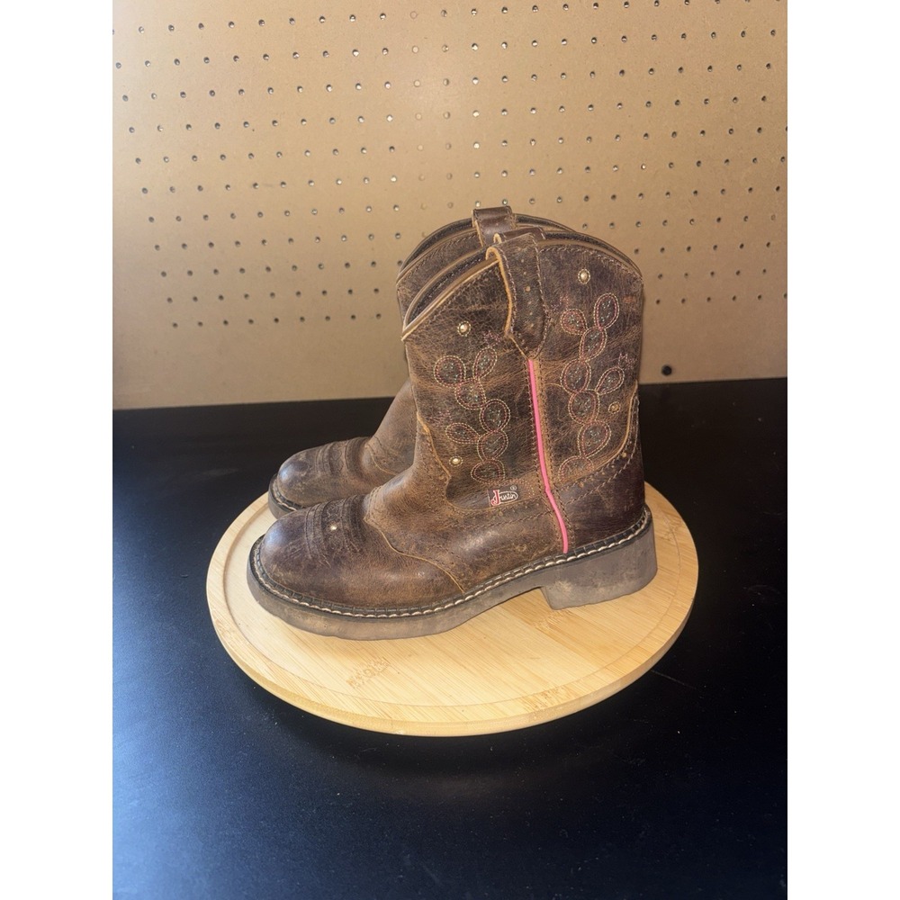 Justin Glitzi Cowgirl Western Boots Girls 1 D Leather Brown Pink JK9915 Light Up - Picture 3 of 7